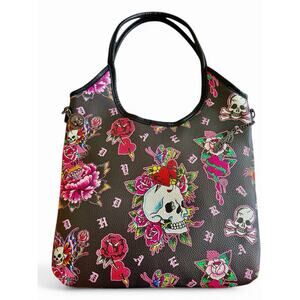 Ed Hardy Tote bag Purse Black faux Leather Skulls Hearts Roses NWT